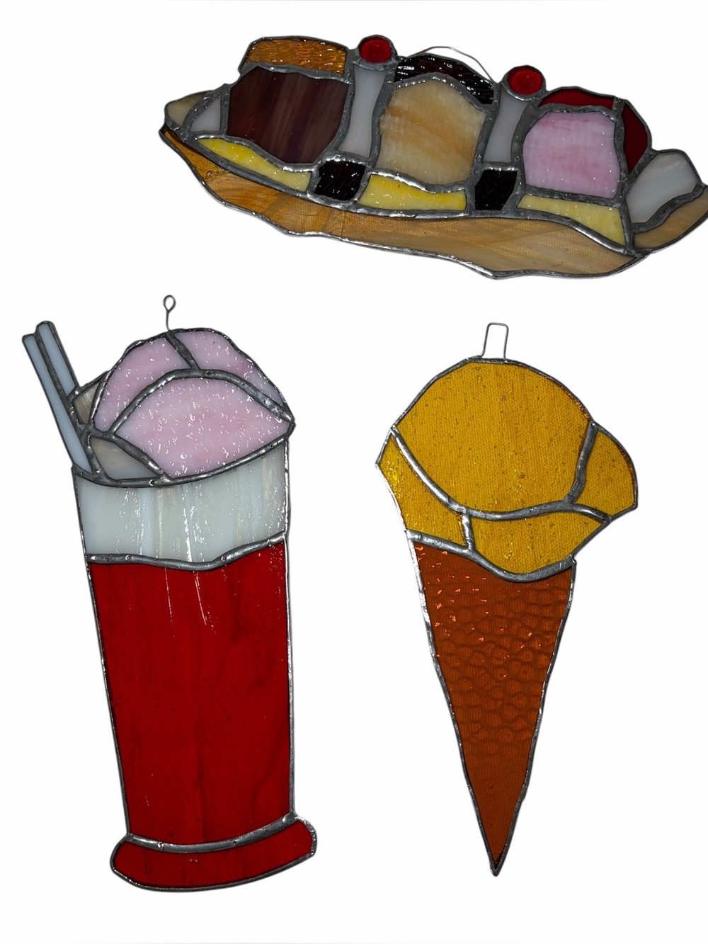 VINTAGE Set of 3 Stained Glass Suncatchers Ice Cream Cone Float Banana Split
